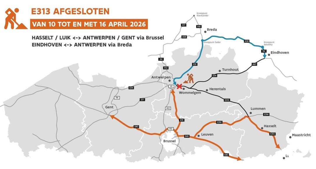 Verkeersdrukte tijdens paasvakantie: E313 vijf volledige dagen onderbroken van rondpunt Wommelgem tot aansluiting Ring Antwerpen 