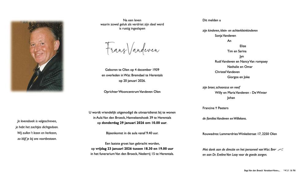 Herentals en Olen nemen afscheid van winkelkoning Frans Vandeven (86) 