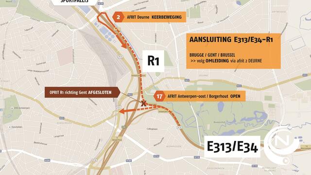 E313 : 2 nachten hinder op aansluiting naar Ring (R1) ter hoogte Antwerpen-Oost
