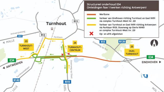 Werken E34 Turnhout: verkeer vanaf zaterdag in beide richtingen over versmalde rijstroken