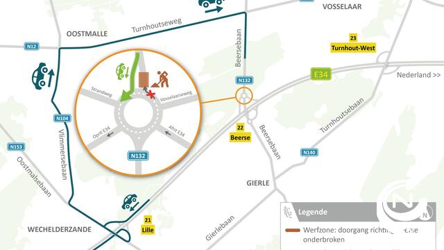 E34 richting Beerse :  extra afslagstrook om doorstroming op rotonde Lille te verbeteren